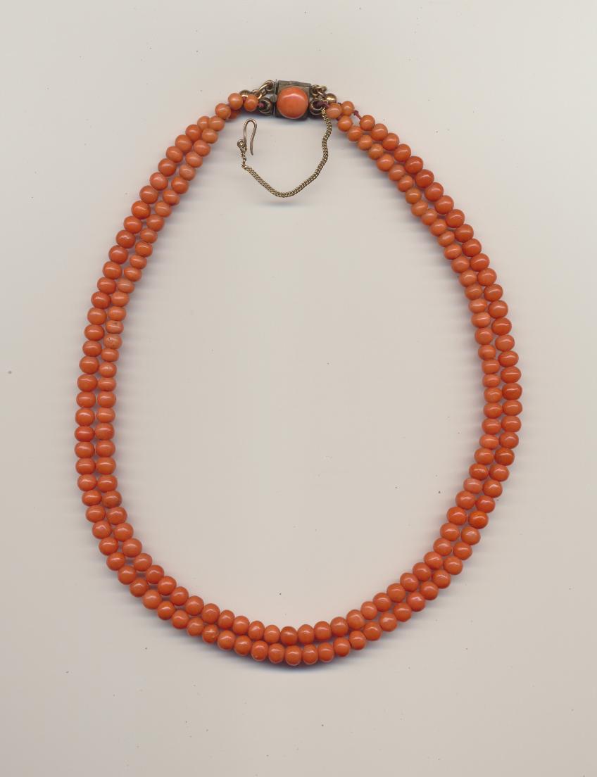 Antique coral beads necklace for a child with gold clasp and safety chain, Germany, early 20th century, length inner row 14'' 36cm., outer row 14.75'' 37.5cm